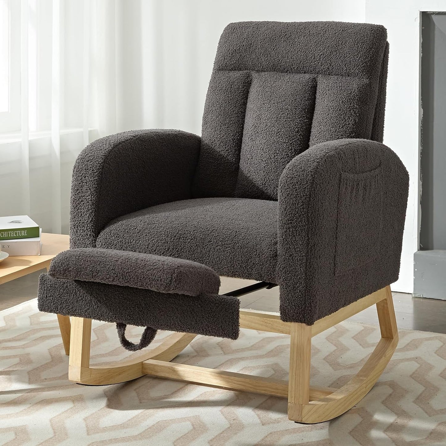 NIOIIKIT Modern Nursery Rocking Chair, Teddy Upholstered Rocking Chair with Footrest, Comfortable Rocker Recliner with Side Pocket, Rocker Glider for Living Room, Bedroom, Nursing Room (Apricot)