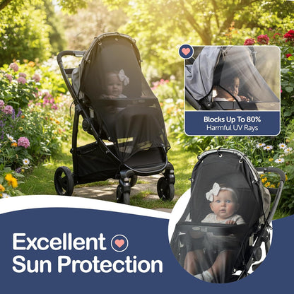 Stroller Sun Shade Extender – Universal Clip-On Baby Stroller Sun Shade Cover, UV Protection, Breathable See-Through Mesh, Adjustable Fit, Large Black