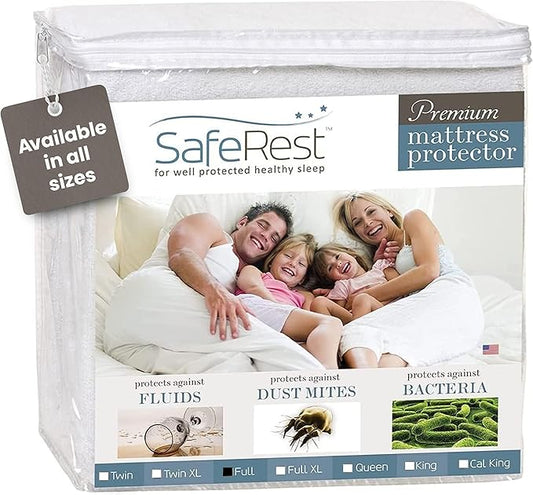 SafeRest Waterproof Full Size Mattress Protector - Fitted with Stretchable Pockets - Machine Washable Cotton Blend Mattress Cover for Bed