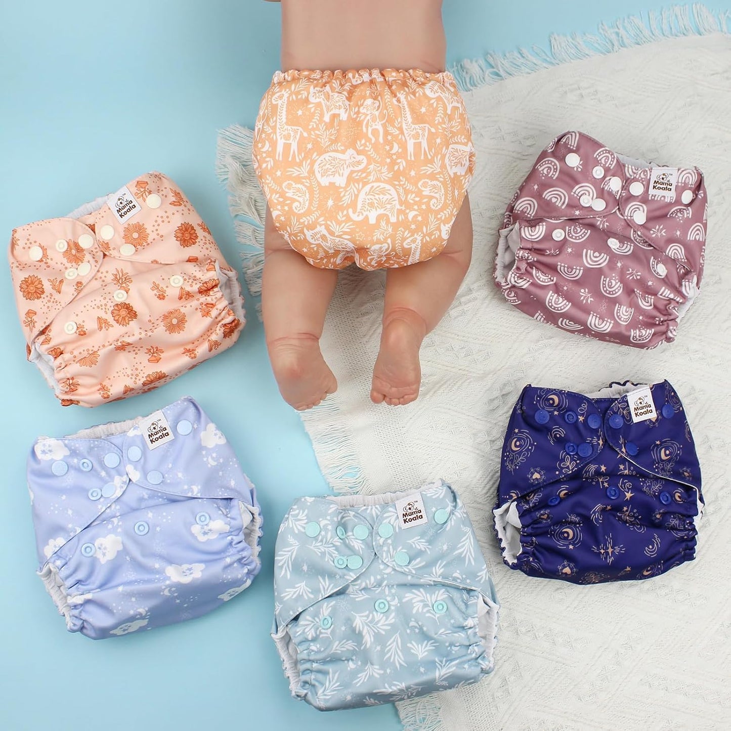 Mama Koala 3.0 Pocket Cloth Diapers for Babies with AWJ Lining, 6 Pack with 6 4-Layer Natural Cloth Diaper Inserts - Reusable and Washable Pocket Diapers(Hardworking Bees) - Colors A