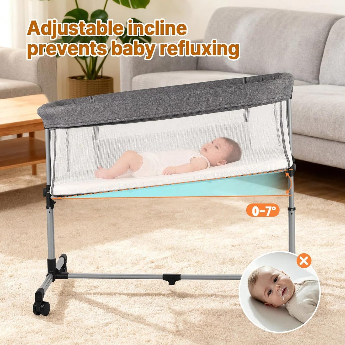 Baby Bassinet Bedside Sleeper, 2-in-1 Bedside Bassinet with Wheels, 5 Height Adjustable Baby Crib, Breathable Full Mesh & Mattress, Stable and Secure Bassinets for Newborn Infant, Grey