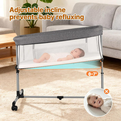 Baby Bassinet Bedside Sleeper, 2-in-1 Bedside Bassinet with Wheels, 5 Height Adjustable Baby Crib, Breathable Full Mesh & Mattress, Stable and Secure Bassinets for Newborn Infant, Grey