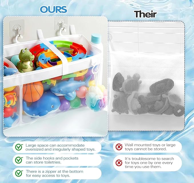Extra Large Openings Bath Toy Organizer with 2 Compartments and Multiple Pockets, Quick-Dry Mesh Bathtub Toy Storage and Holder for Easy Access and Sorting of Toys