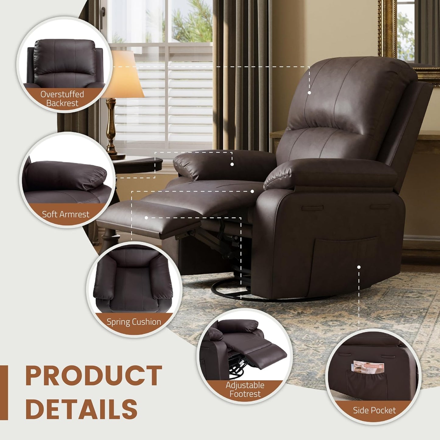 Leather Swivel Rocker Recliner Chair, Traditional Manual Chair, Upholstered Nursery Glider Rocking Recliner, Comfy Faux Leather Single Sofa with Pocket Spring for Living Room, Camel