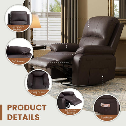 Leather Swivel Rocker Recliner Chair, Traditional Manual Chair, Upholstered Nursery Glider Rocking Recliner, Comfy Faux Leather Single Sofa with Pocket Spring for Living Room, Camel