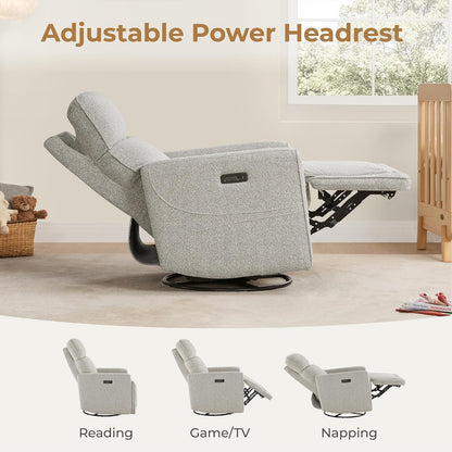 CHITA Power Recliner Chair Swivel Glider with Adjustable Power Headrest, FSC Certified Electronic Modern Nursery Rocking Chair with USB and Type-C Ports, Boucle White