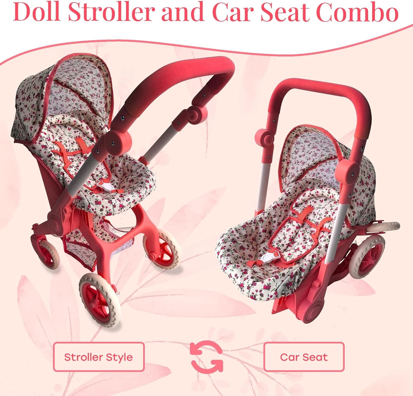 Baby Doll Car Seat Stroller Combo – Convertible 2 in 1 Doll Stroller and Car Seat for Kids – Fits Up to 20” Dolls – Play Toy Baby Stroller with Adjustable Handle for Girls Toddlers All Ages (Black)