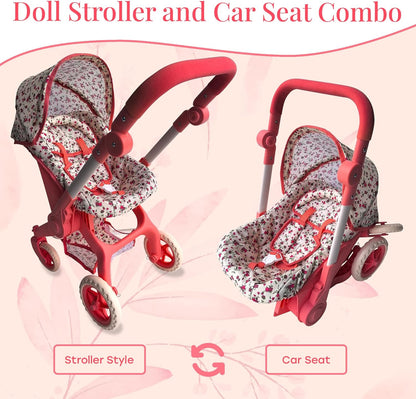 Baby Doll Car Seat Stroller Combo – Convertible 2 in 1 Doll Stroller and Car Seat for Kids – Fits Up to 20” Dolls – Play Toy Baby Stroller with Adjustable Handle for Girls Toddlers All Ages (Black)