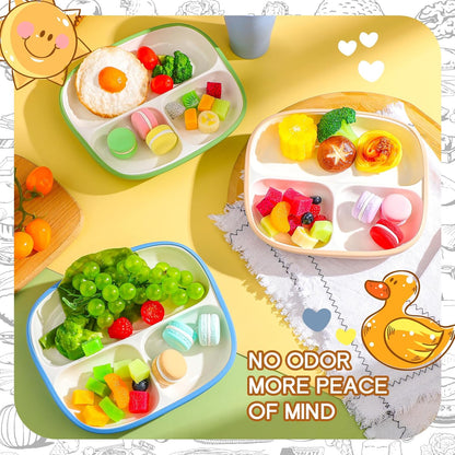 Domensi Kids Porcelain Plates with Silicone Sleeves 8.2 Inch Divided Porcelain Plate Toddler White Suction Dishes for Baby Troubleless Eating Microwave Dishwasher Safe(Stylish,3 Set)