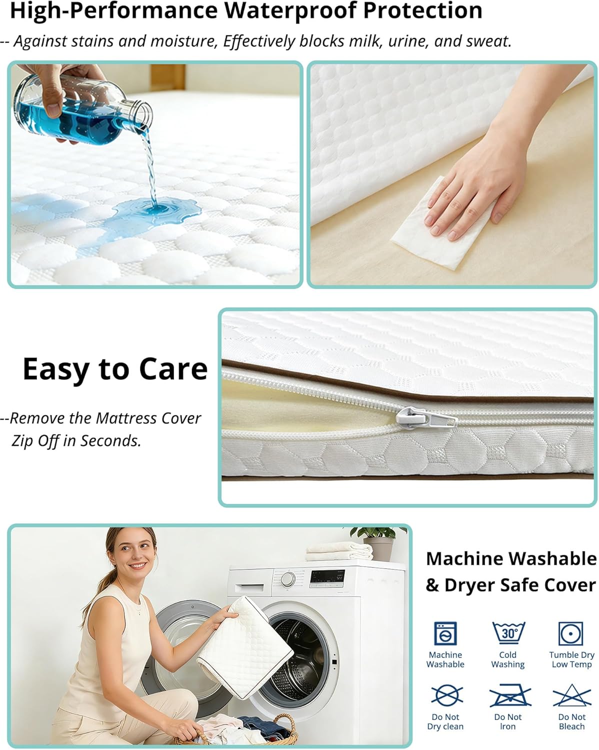 Pack and Play Mattress 38"x26" Playard Baby Pad for Pack n Play, No Gap Safer 3D Piped Edge, 1.5" Thick Medium Firm, Breathable Waterproof Washable Cover, White