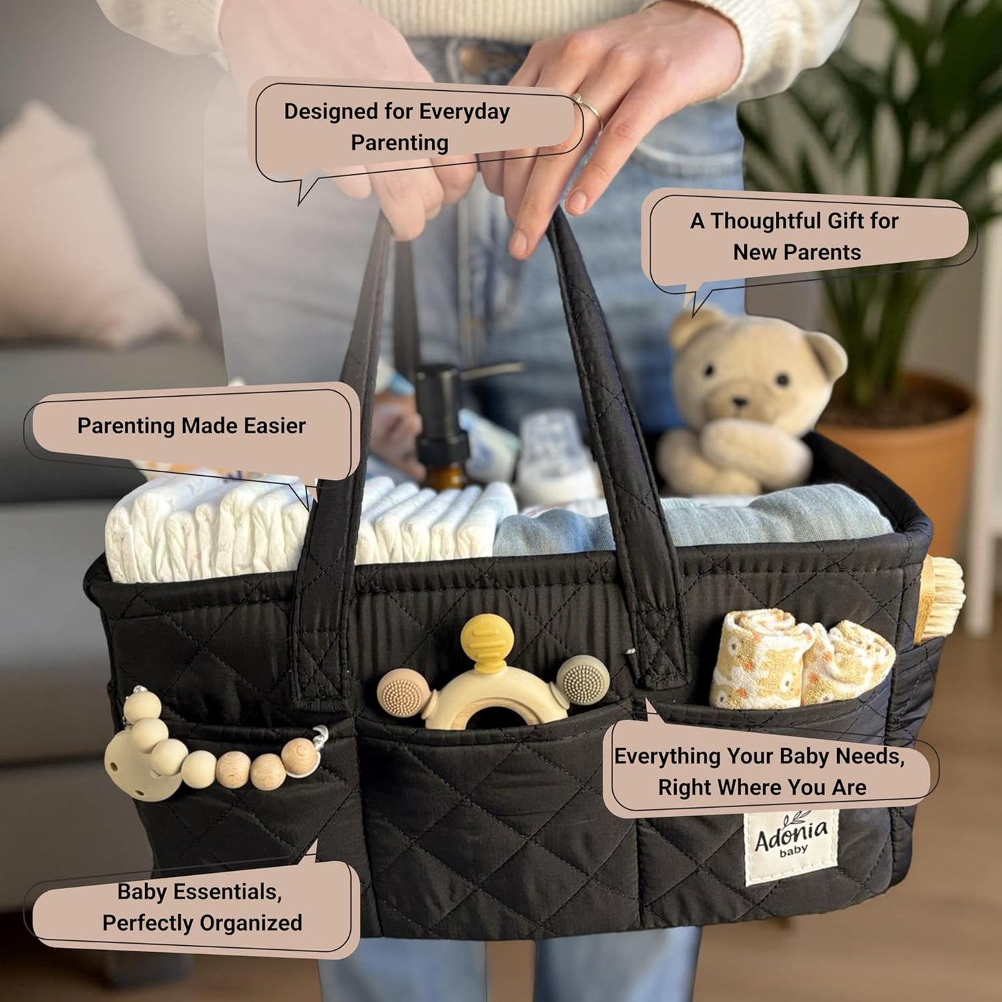 Adonia & Co Diaper Caddy Organizer – Nursery Storage Basket for Newborn Essentials Must Haves & Baby Must Haves – Portable, Machine Washable Baby Diaper Bag Organizer (Brown)