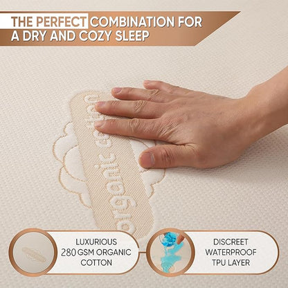 Deluxe Waterproof Organic Mattress Protector Twin Size - OCS Certified Organic Cotton, Breathable Mattress Pad Cover - Premium 280 GSM Comfort - Jersey Cotton Skirt - Deep Pocket Fitted Style