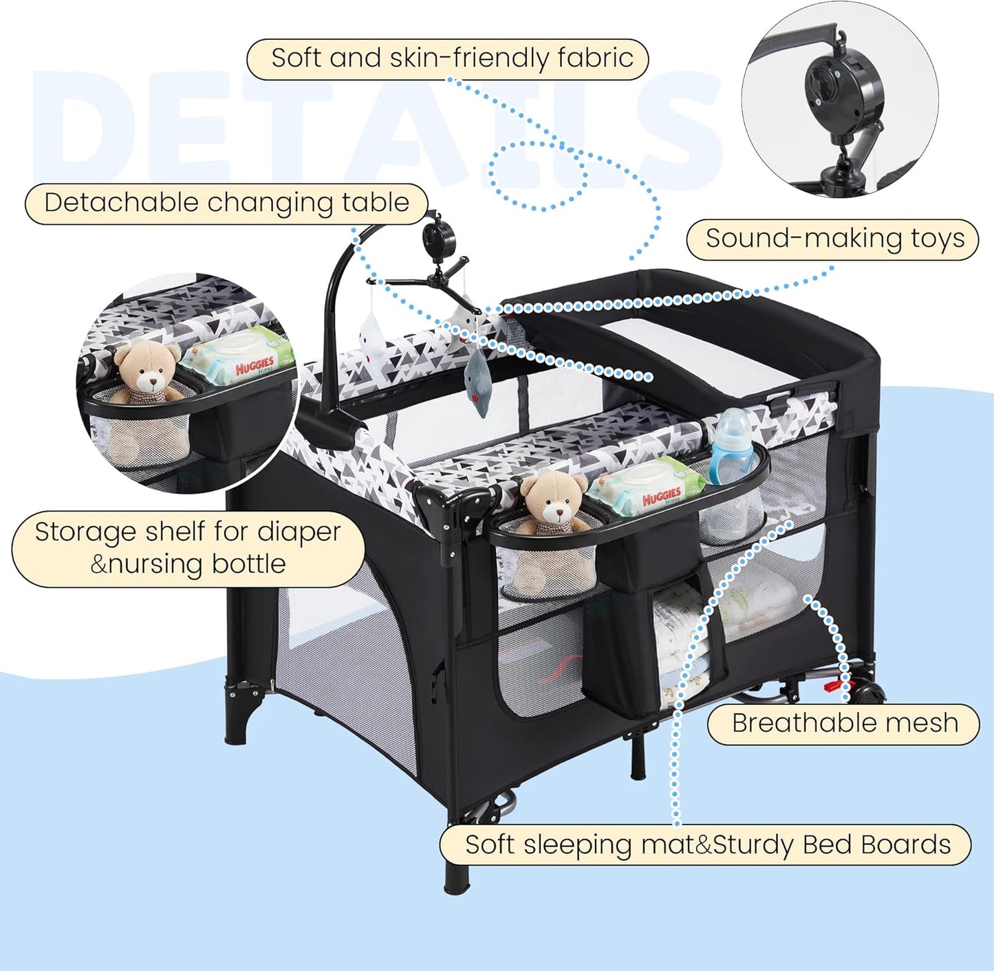 5-in-1 Baby Bassinet Bedside Sleeper with Swing Tube Converts to Cradle, Baby Crib with Mattress, Detachable Diaper Changer, Mosquito Net and Toy - Black