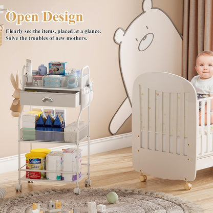 3-Tier Baby Diaper Caddy Cart Organizer,Mobile Nursery Storage Carts with Wheels,With 2 Dividers&14 Mesh Pockets Durable Metal Utility Cart for Nursery, Bedroom, Bathroom, Baby Essentials Organization
