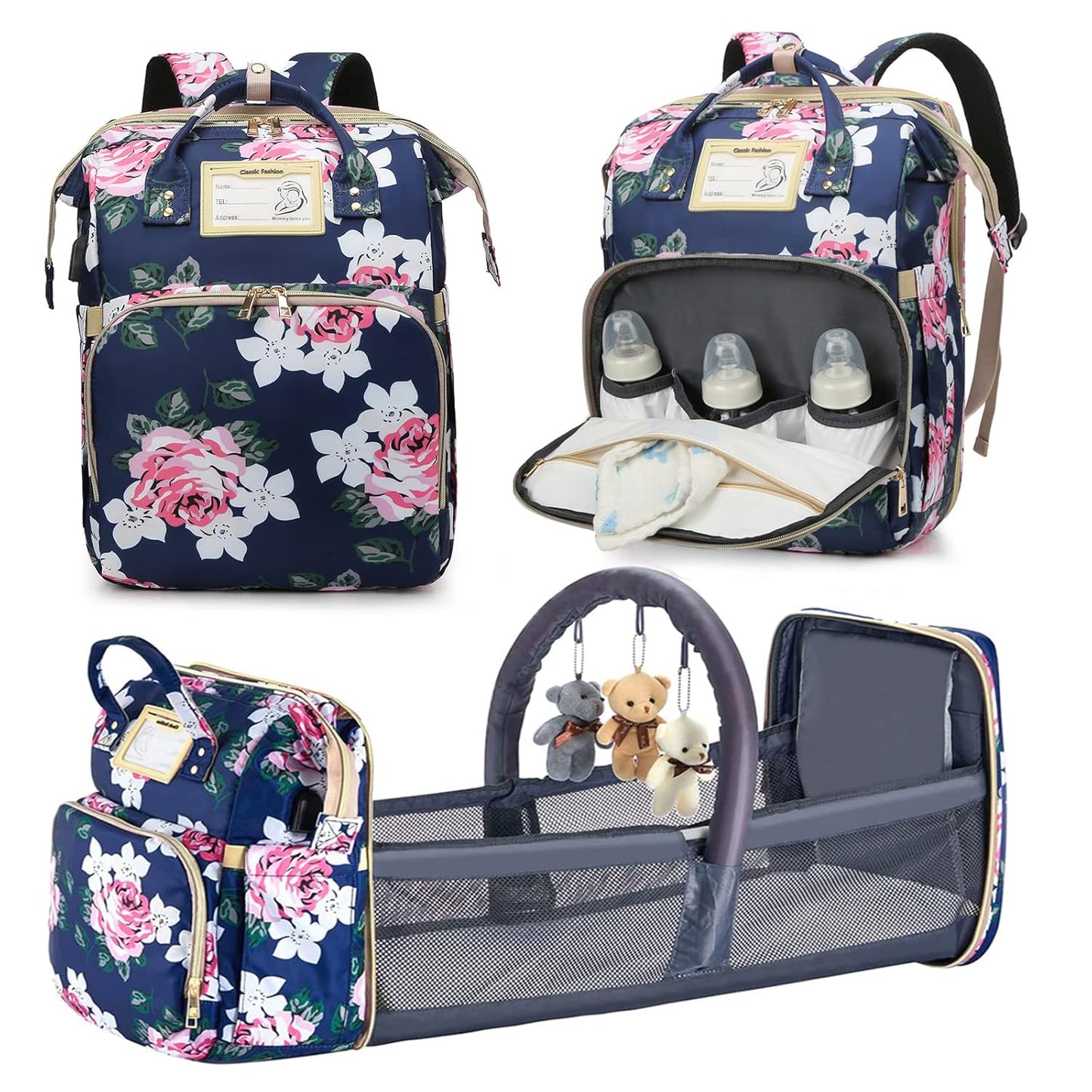 GurZinn Diaper Bag Backpack with Changing Station, Foldable for Bady Toddler, 3 in 1 Large Capacity Newborn Essentials Organizer with Stroller Hook for Girls and Boys（Pink）