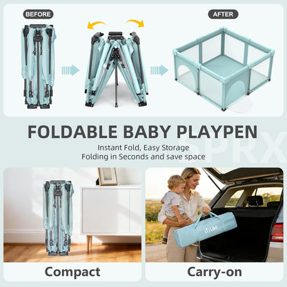 Foldable Baby Playpen, iTiLike Large Playard with Detachable Thickened Washable Water-Resistant Mat, Playpen for Babies and Toddlers, Play Pens with Gate, Indoor & Outdoor Portable Play Yard