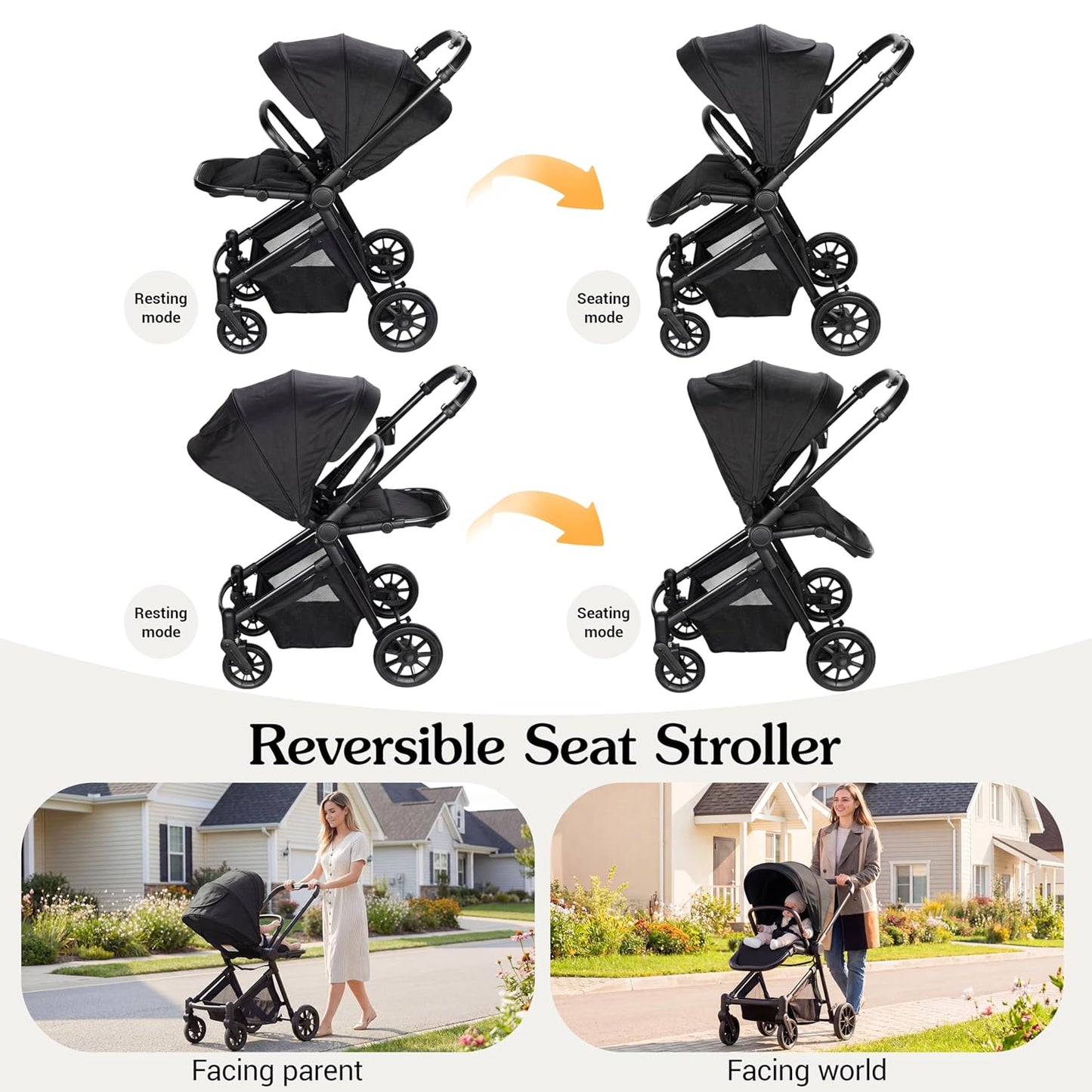 Lightweight High-View Baby Stroller, One-Hand Fold & Compact Storage, Convertible Seat, 5-Point Safety Harness, Foldable Infant Stroller, Grey