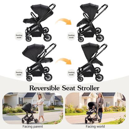 Lightweight High-View Baby Stroller, One-Hand Fold & Compact Storage, Convertible Seat, 5-Point Safety Harness, Foldable Infant Stroller, Grey