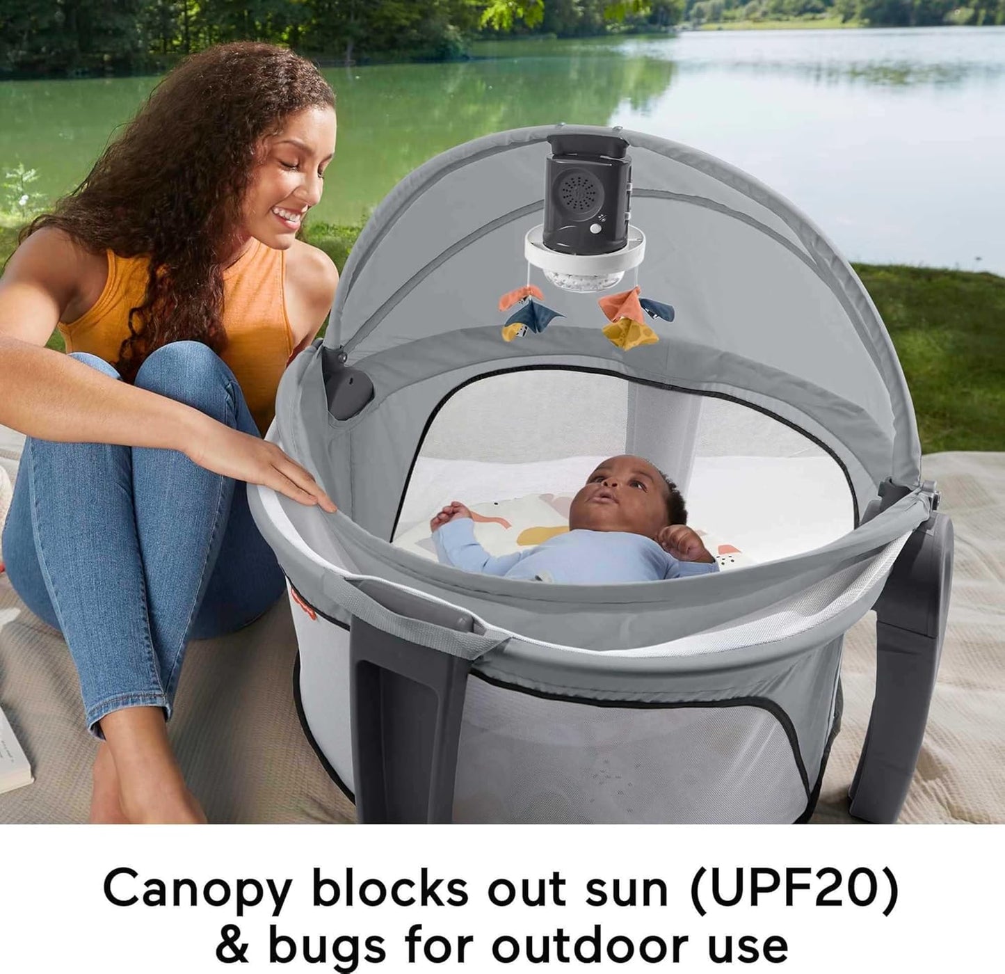 Fisher-Price Portable Baby Bassinet and Play Space Deluxe On-the-Go Projection Dome with Lights Music and Canopy, Cool Hues