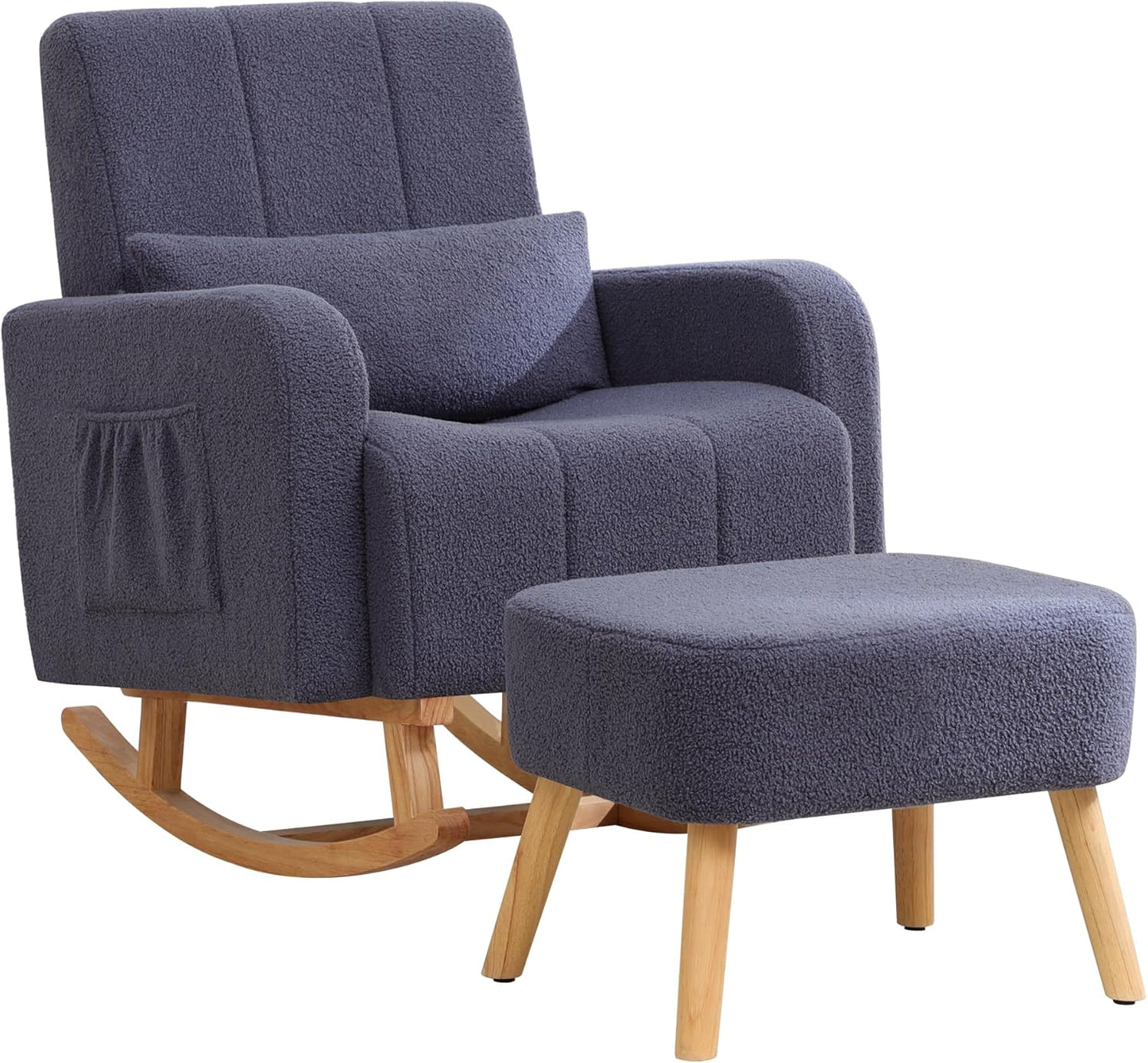 HCHAIRH Nursery Rocking Chair with Ottoman, Upholstered Glider Rocker with High Backrest Side Pocket, Rocking Accent Armchair with Solid Wood Legs for Nursery, Living Room, Bedroom, Light Grey