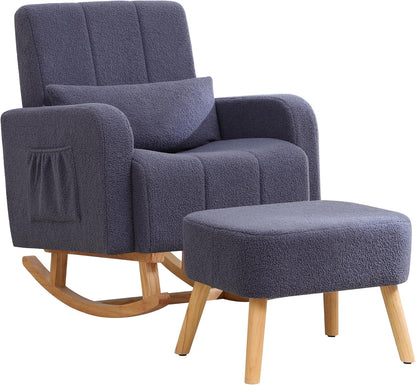 HCHAIRH Nursery Rocking Chair with Ottoman, Upholstered Glider Rocker with High Backrest Side Pocket, Rocking Accent Armchair with Solid Wood Legs for Nursery, Living Room, Bedroom, Light Grey