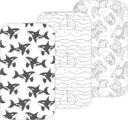 Bassinet Sheets for Papablic, CoZee, Cowiewie, Ezebaby, Nawahev Baby Bassinet Bedside Sleeper by TansyPanda, 3PC, 33x20, Ultra Soft, Breathable Snug Fit, Unisex Boys Girls, Gray White (Space Rockets)