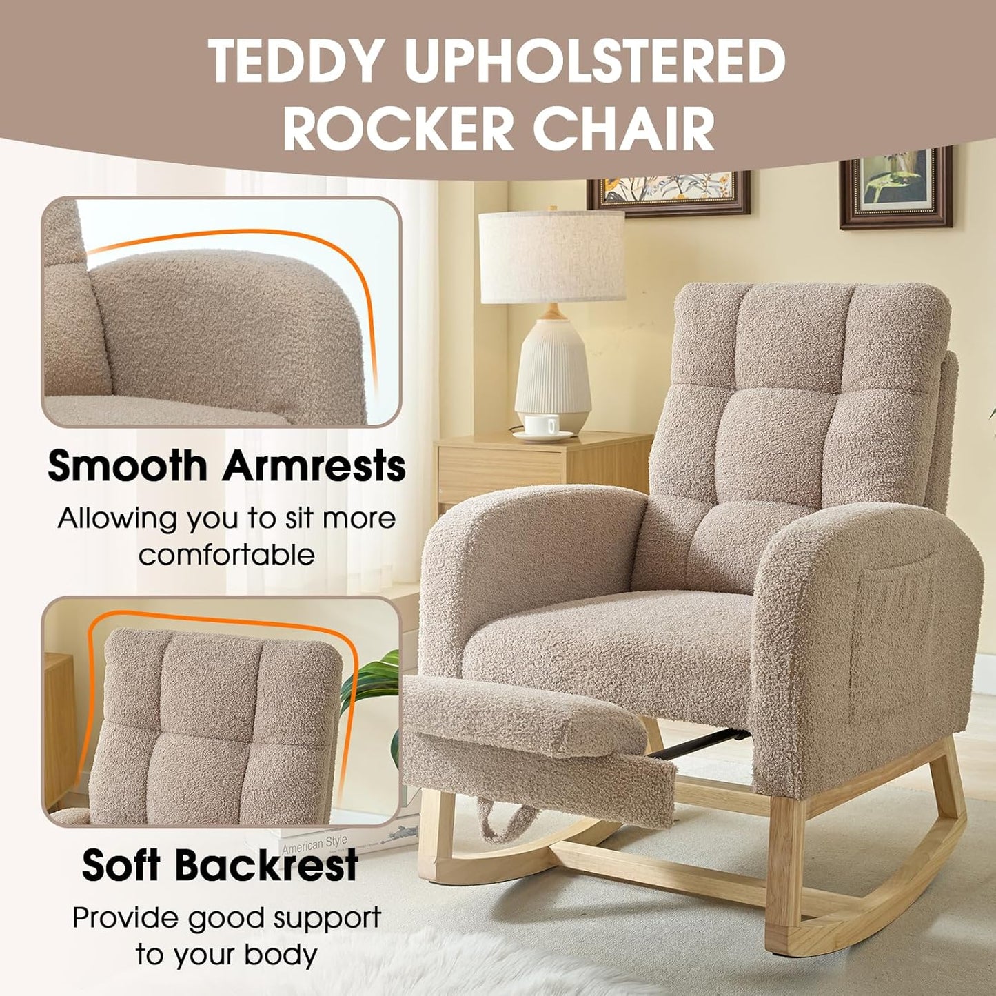 NIOIIKIT Modern Nursery Rocking Chair, Teddy Upholstered Rocking Chair with Footrest, Comfortable Rocker Recliner with Side Pocket, Rocker Glider for Living Room, Bedroom, Nursing Room (Apricot)