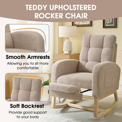 NIOIIKIT Modern Nursery Rocking Chair, Teddy Upholstered Rocking Chair with Footrest, Comfortable Rocker Recliner with Side Pocket, Rocker Glider for Living Room, Bedroom, Nursing Room (Apricot)