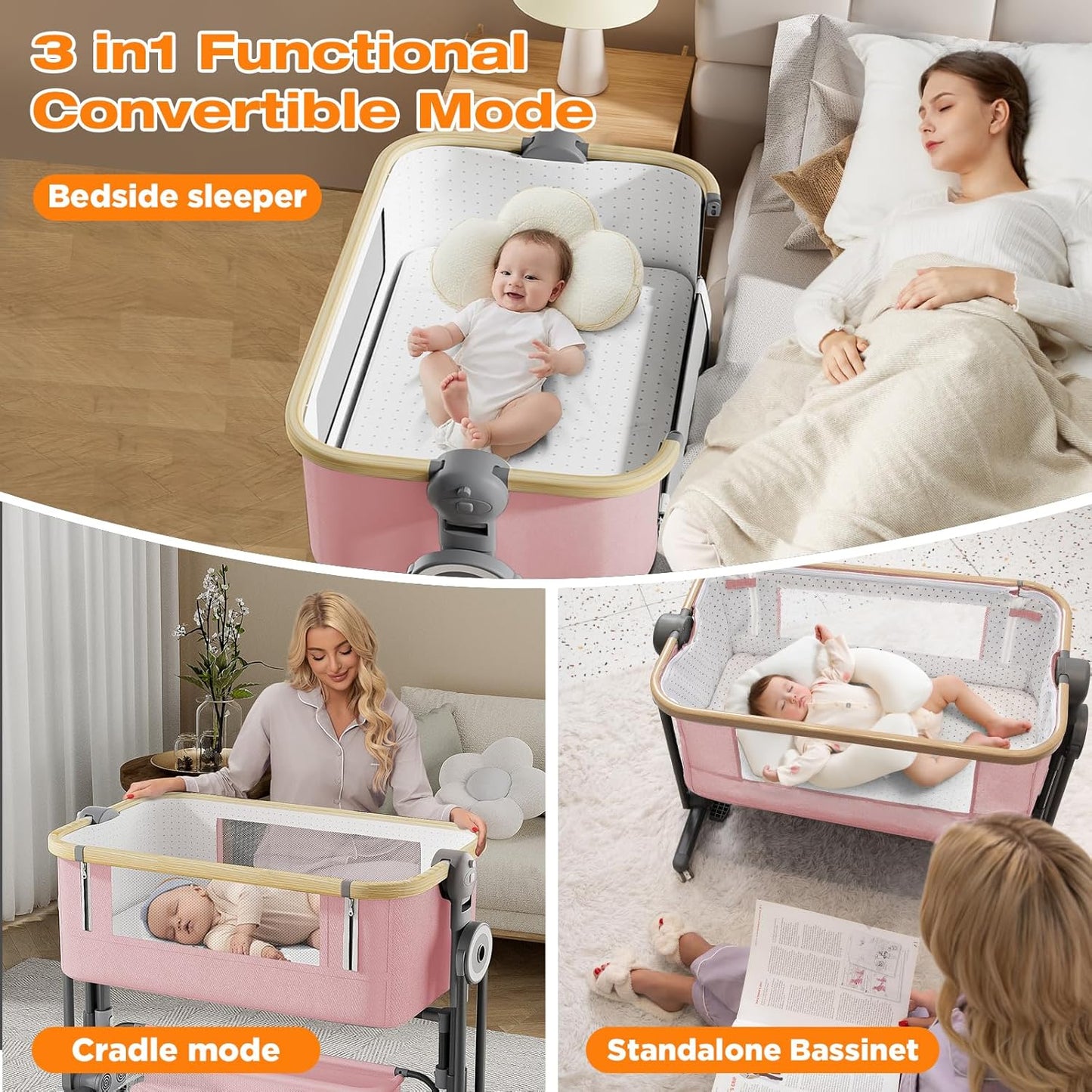 4 in 1Baby Bassinet,Bedside Bassinet for Baby, Rocking Bassinet with Comfy Mattress and Wheels, 7 Height Adjustable Easy Folding Portable Bedside Crib for Newborn