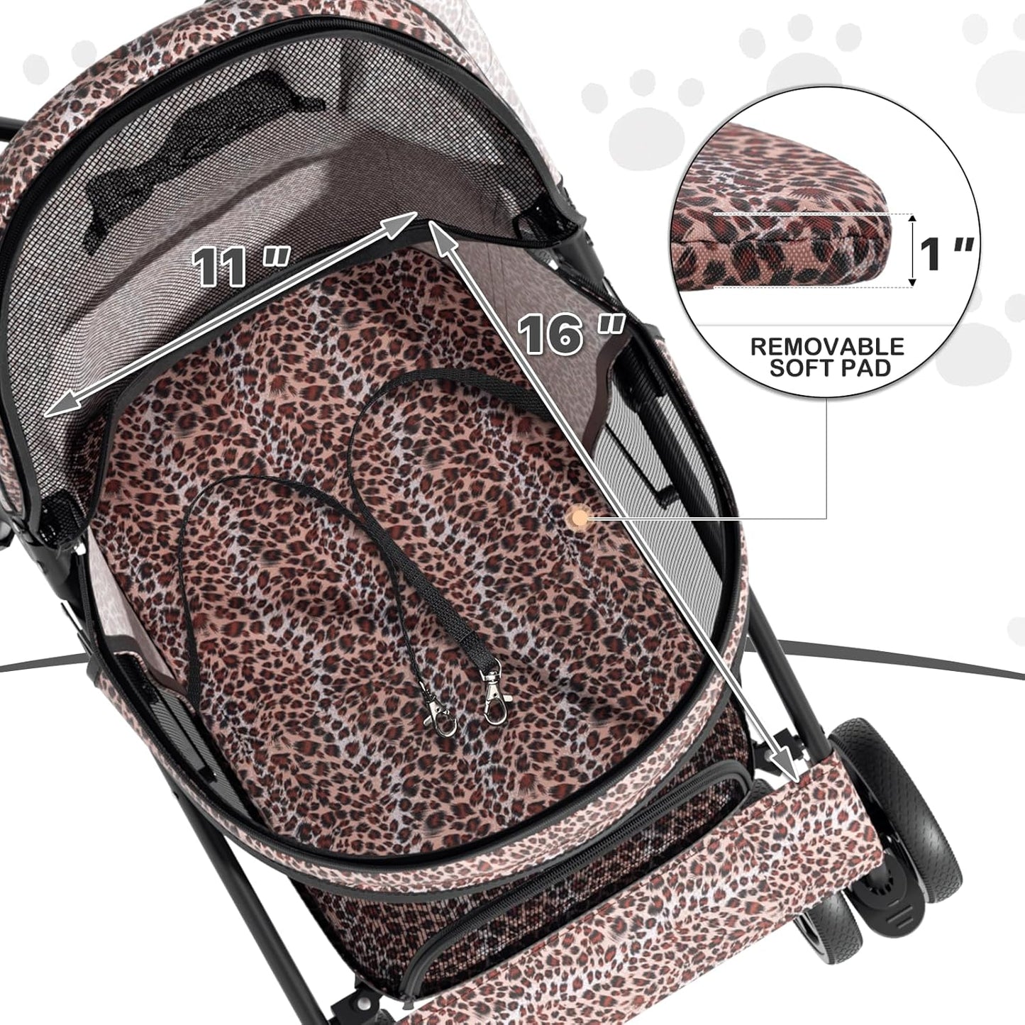 MoNiBloom 4 Wheels Pet Stroller, Easy-Fold Puppy Cage Jogger Stroller with Sun Cover, Pad and Rear Storage Bag, Breathable and Visible Mesh for Small/Medium Pets up to 22 lbs, Black