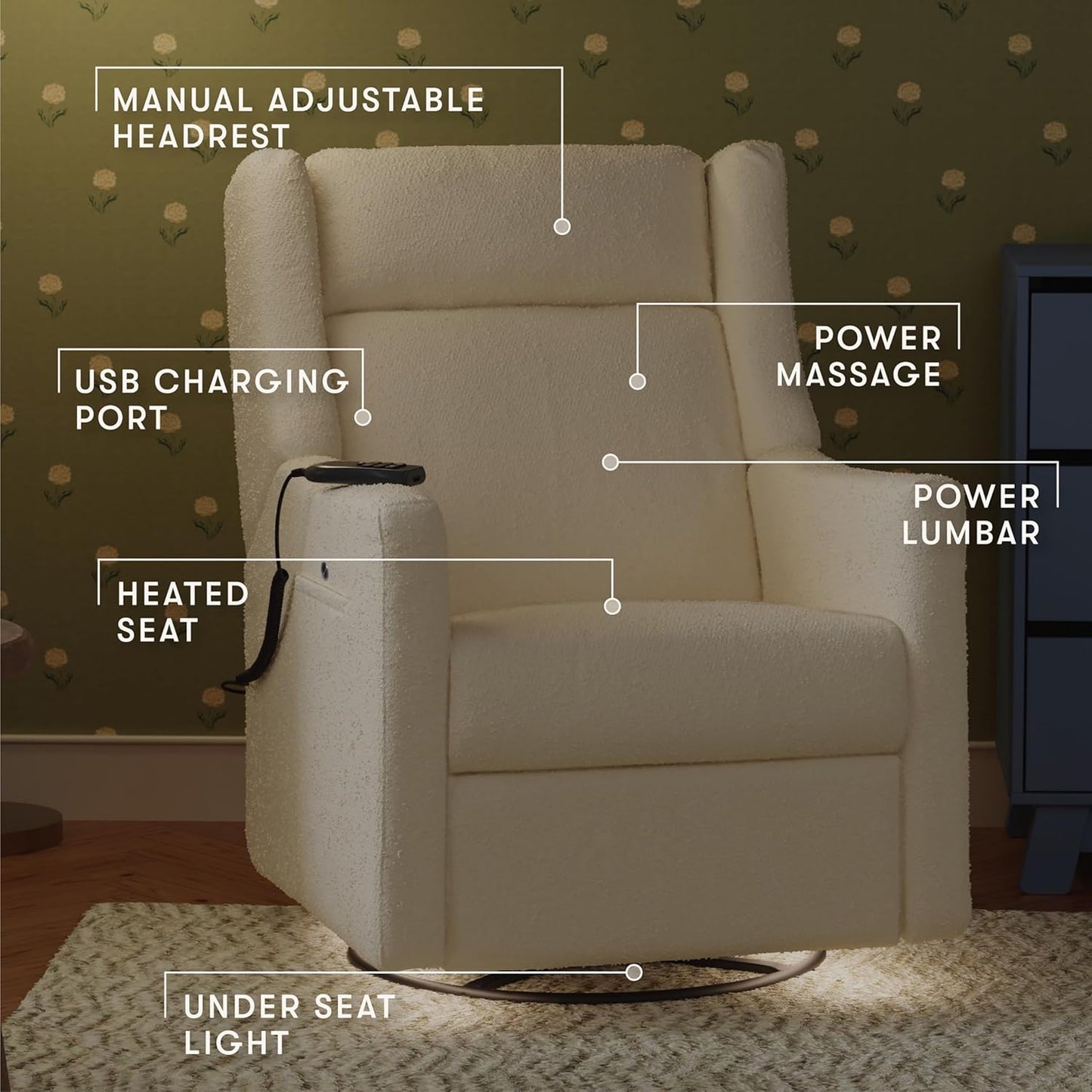 Babyletto Kiwi Deluxe Power Recliner and Swivel Glider with Heat and Massage in Almond Teddy Loop, Built-in USB Charging Port, Adjustable Headrest, Greenguard Gold, FSC and CertiPUR-US Certified