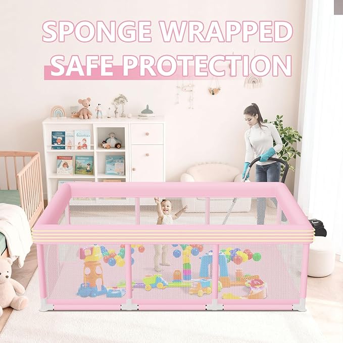 Hiaksedt Large Baby Playpen 74"x50", Baby Girl Play Pen for Babies and Toddlers Pink, Safe Structure and Soft, Skin-Friendly Fabric with Zipper Gates