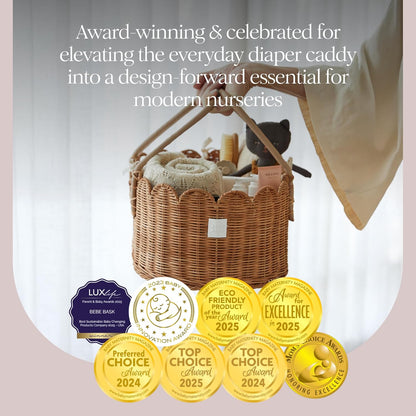 BEBE BASK Premium Baby Diaper Caddy Organizer - Handmade & Award-Winning Scalloped Rattan Basket - Luxury Diaper Caddy Basket - Elegant Scalloped Edge (Natural)