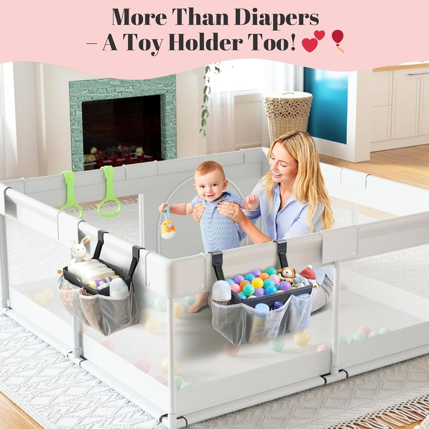 2-Pack Hanging Diaper Organizer for Crib & Changing Table | 50+ Large Capacity Baby Diaper Caddy, Washable Newborn Essentials Organizer for Baby Girl, Ideal Baby Shower Gifts with Hook Straps