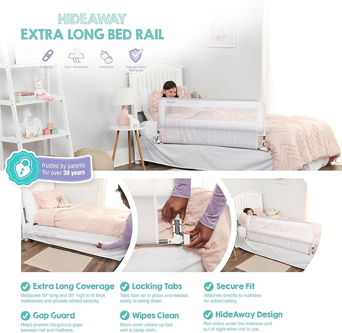 Regalo Safety 54” Extra Long Hideaway Bed Rail Guard for Toddlers, Toddler Bed Rail with Reinforced Anchor Safety System, 20” Tall Bed Safety Rail, Fits Twin, Full & Queen Beds