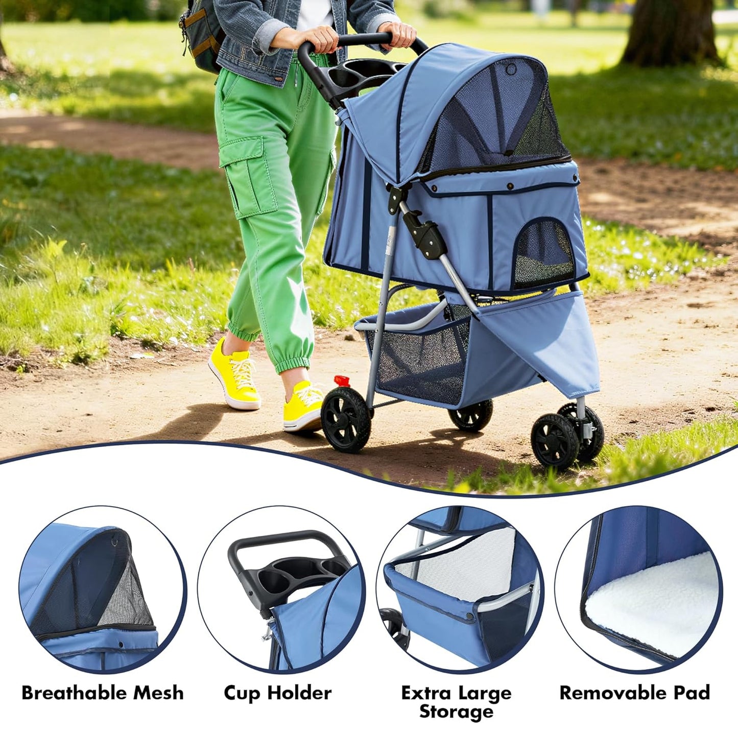 Sweetcrispy 3 Wheels Pet Stroller for Small Dogs and Cats – Foldable Dog Stroller with Mesh Windows, Storage Basket & Cup Holder, Lightweight & Durable Pet Carrier for Travel, Outdoor Use, Blue