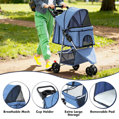Sweetcrispy 3 Wheels Pet Stroller for Small Dogs and Cats – Foldable Dog Stroller with Mesh Windows, Storage Basket & Cup Holder, Lightweight & Durable Pet Carrier for Travel, Outdoor Use, Blue