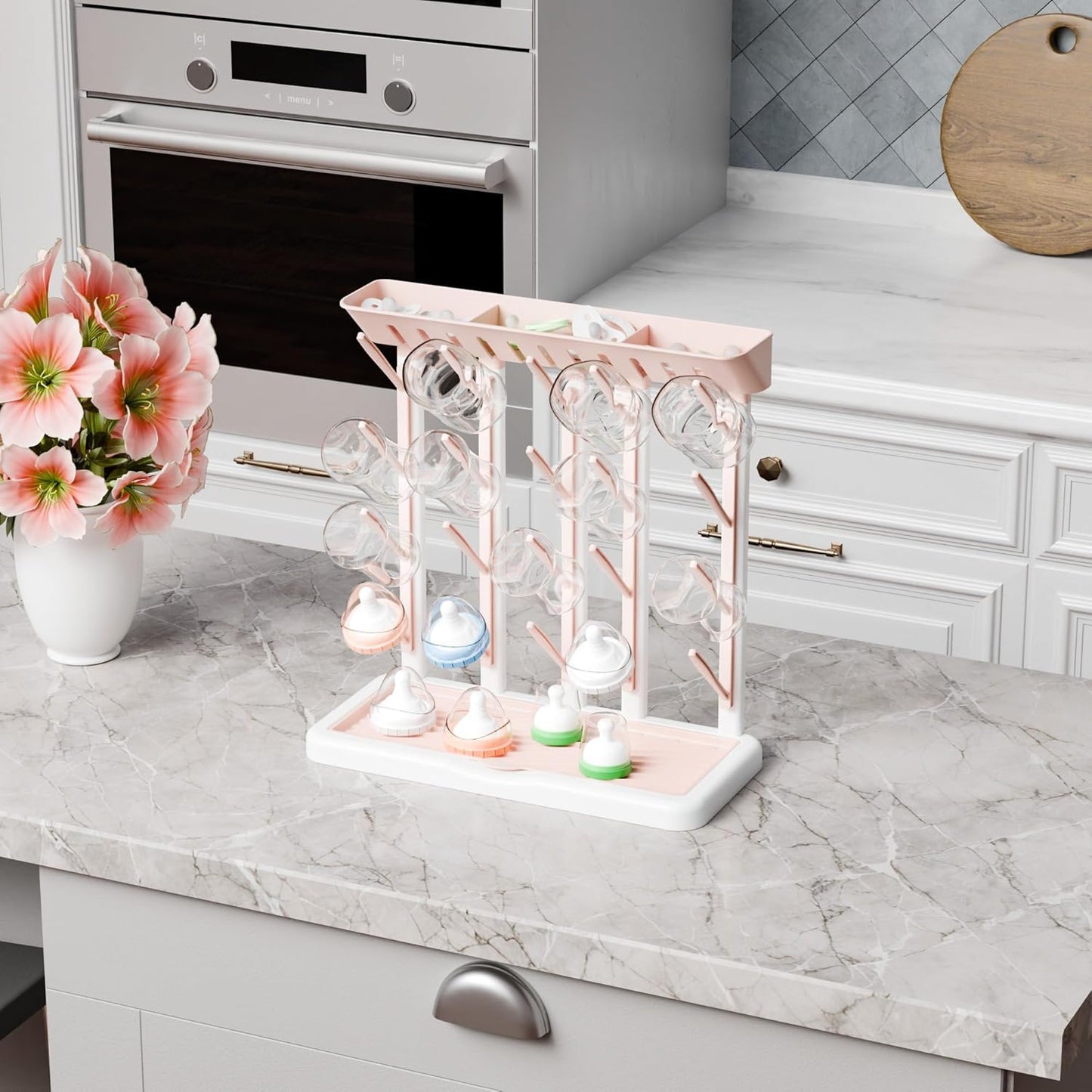 Yieach Larger Baby Bottles Drying Rack for 20 Bottles,Space Saving Feeding Drying Rack for Baby Bottles for Countertop,Vertical Baby Bottle Holder & Storage Station for Pacifiers,Breast Pump,Grey