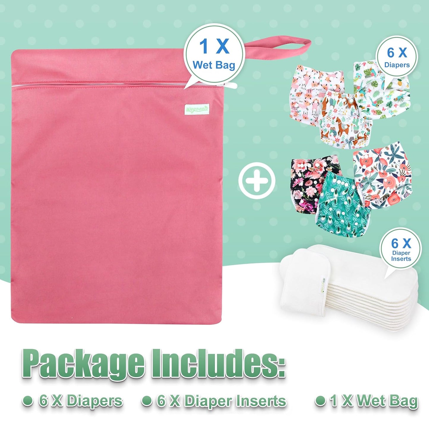 wegreeco Cloth Diapers 6 Pack with 6 Inserts & 1 Wet Bag, Washable Cloth Diapers for Babies, One Size Adjustable Reusable (Flower)