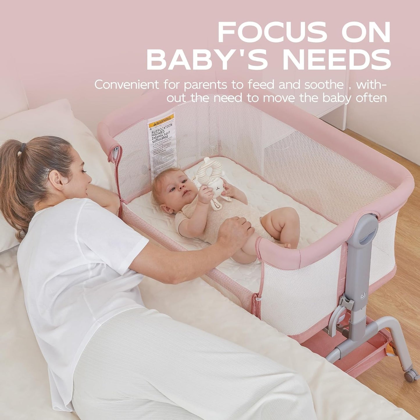 BabyBond Baby Bassinet, 3 in 1 Bassinet Bedside Sleeper with Washable Soft Mattress and Sheet, 6 Height Adjustable Bedside Crib, 4-Sided Mesh Bedside Bassinet for Baby