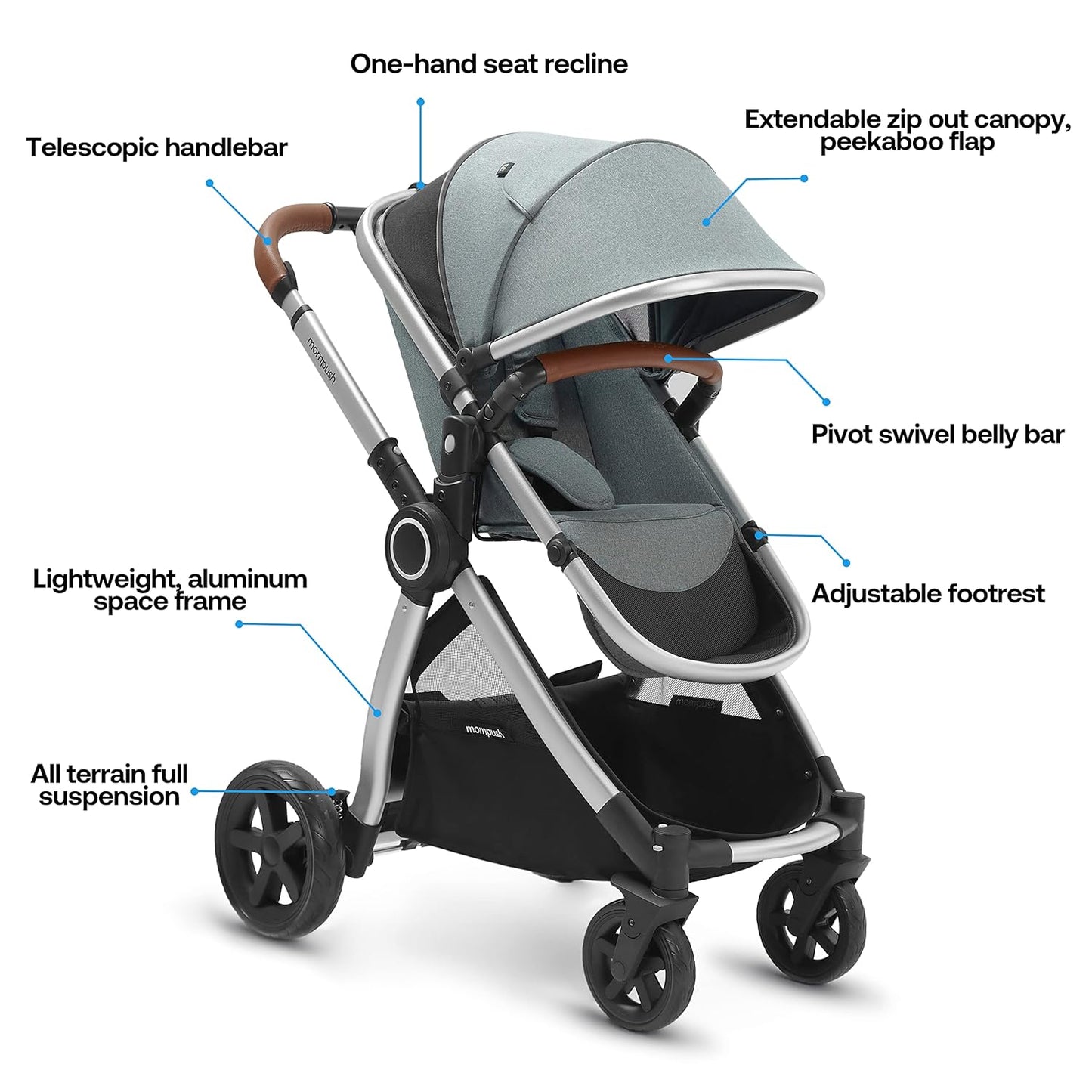 Mompush Ultimate2 Baby Stroller, Premium Convertible Full-Size Stroller for Toddler, Reversible Seat with One Hand Recline Adjustment, Car Seat Adapter Included
