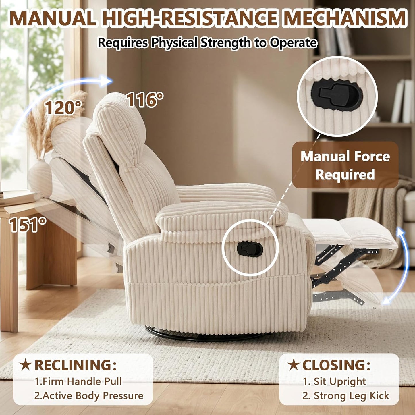 Manual Small Recliner Rocking Chair for Nursery/Relaxation, Corduroy Swivel Glider Recliner for Living Room Bedroom, Brown Rocking Chair Nursery Recliners for Small Spaces, Side Pockets (Brown)