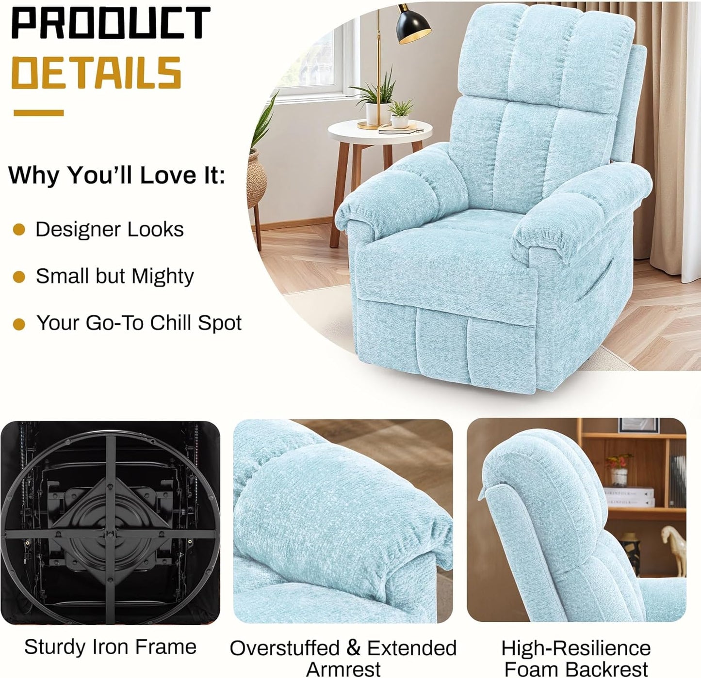 Korser Recliner Chair, Swivel Rocker Recliner Chair for Adults, Small Recliners for Small Spaces, Upholstered Manual Recliner with Side Pockets, Nursery Rocking Chair for Living Room, Chenille, Beige