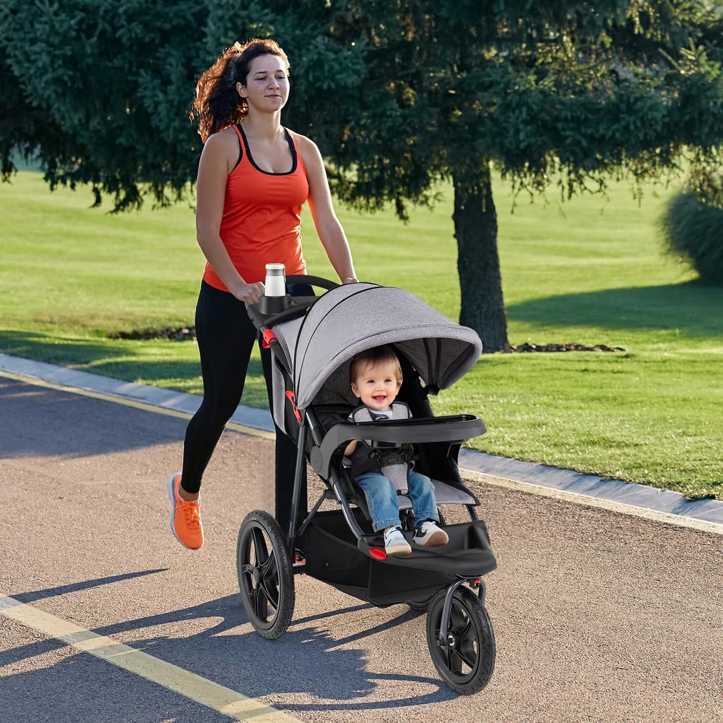 HONEY JOY Jogging Stroller, Foldable Running Stroller w/Adjustable Canopy & Recline Seat, 2 Cup Holders, Snack Tray, Storage Basket, Bicycle Tires, Baby Jogger Stroller for Infants to Toddlers (Gray)