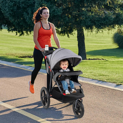 HONEY JOY Jogging Stroller, Foldable Running Stroller w/Adjustable Canopy & Recline Seat, 2 Cup Holders, Snack Tray, Storage Basket, Bicycle Tires, Baby Jogger Stroller for Infants to Toddlers (Gray)