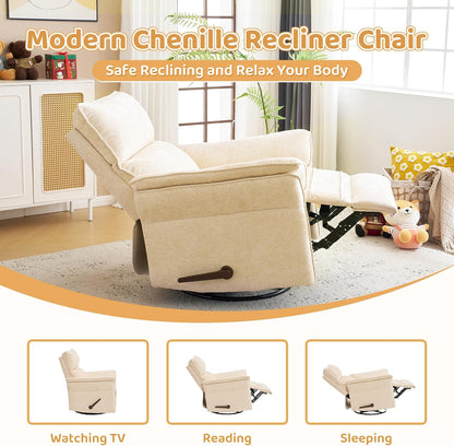 Oversized Swivel Rocker Recliner with Adjustable Headrest, Rocking Chair Nursery with Overstuffed Armrest, Manual Rocker Recliner Nursery Chair for Living Room, White