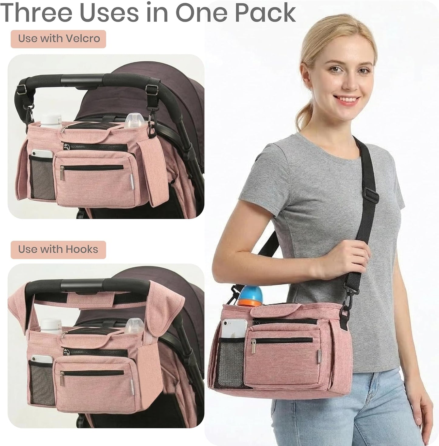 Universal Stroller Organizer, Grey - 2 Insulated Cup Holders - Non-Slip Stroller Caddy Bag - Detachable Phone Pouch - Fits Uppababy, Nuna - New Mom Essentials