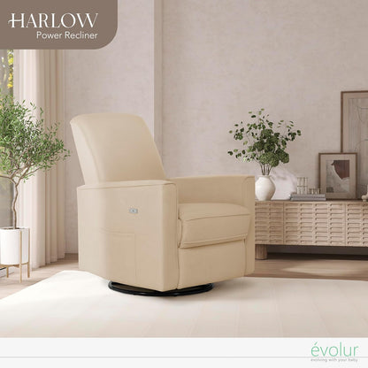 Evolur Harlow Upholstered Power Glider Recliner with USB Charging – Rocking & 275° Swivel with Smooth Glide – Greenguard Gold & FSC Certified – Modern Nursery and Living Room Chair in Light Sand