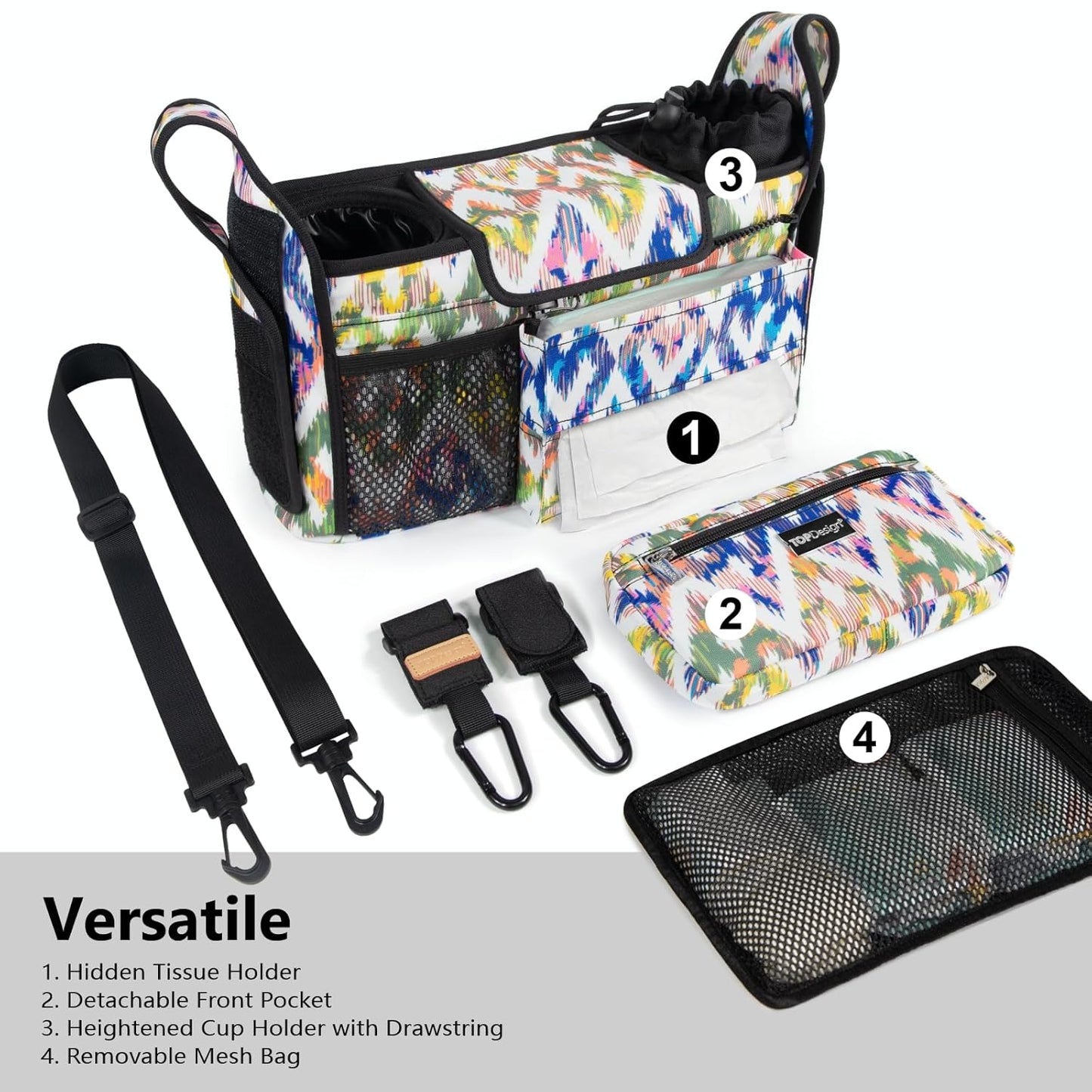 TOPDesign Universal Baby Stroller Organizer, Stroller Caddy with Detachable Mesh Bag & Heightened Insulated Cup Holders & Non-Slip Secure Hooks Accessories, Fits Most Strollers (Checkerboard) - Colors B