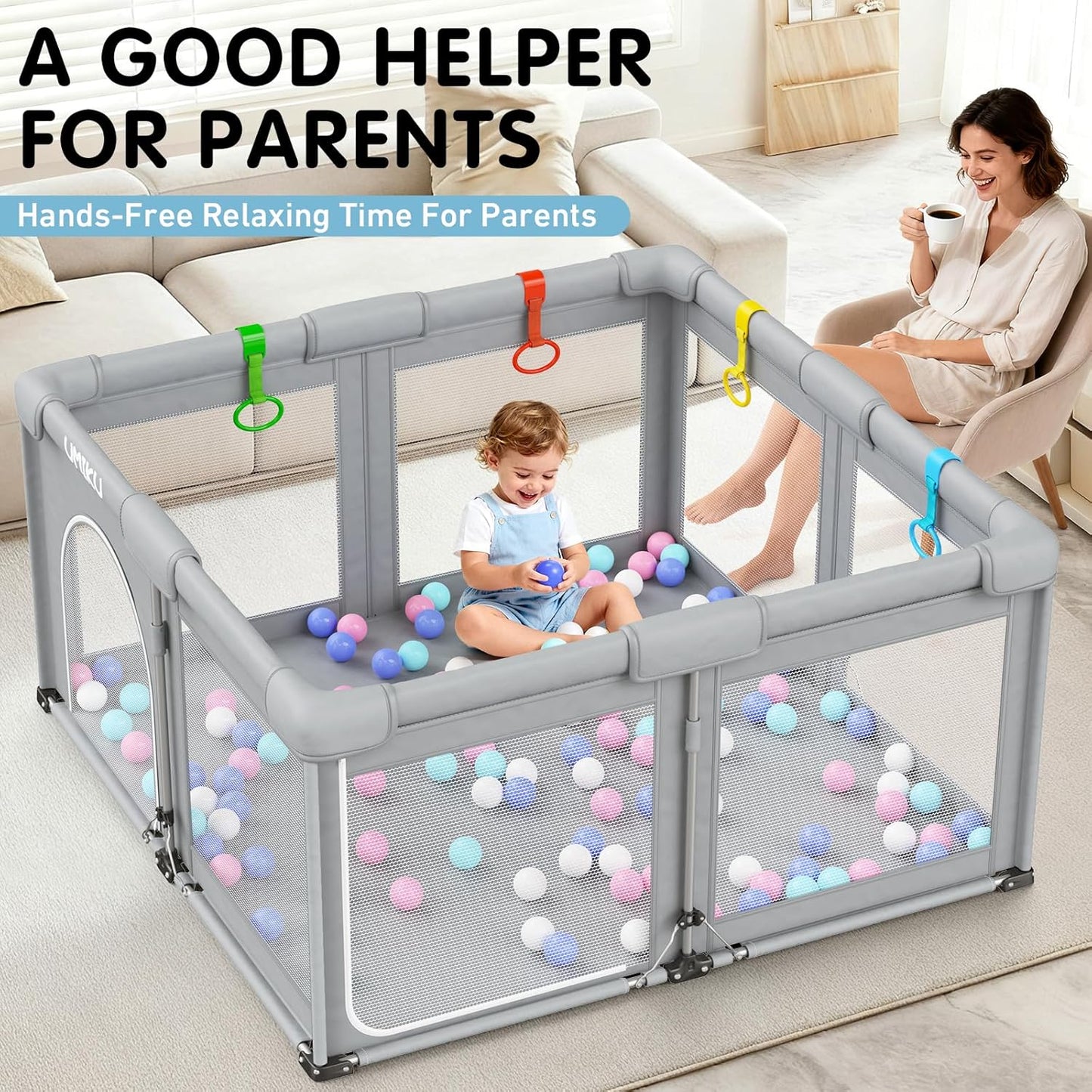 Baby Playpen Foldable Playpen for Babies and Toddlers, Large Playpens Portable Play Pen Play Yard for Kids Fence Indoor Outdoor Travel 4 Handlers 50 Balls Baby Gifts Essentials 50"X50" Dark Grey